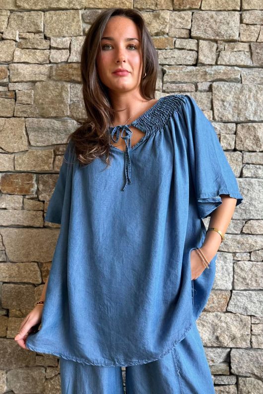Washed Chambray Shirring Peasant Blouse Mid